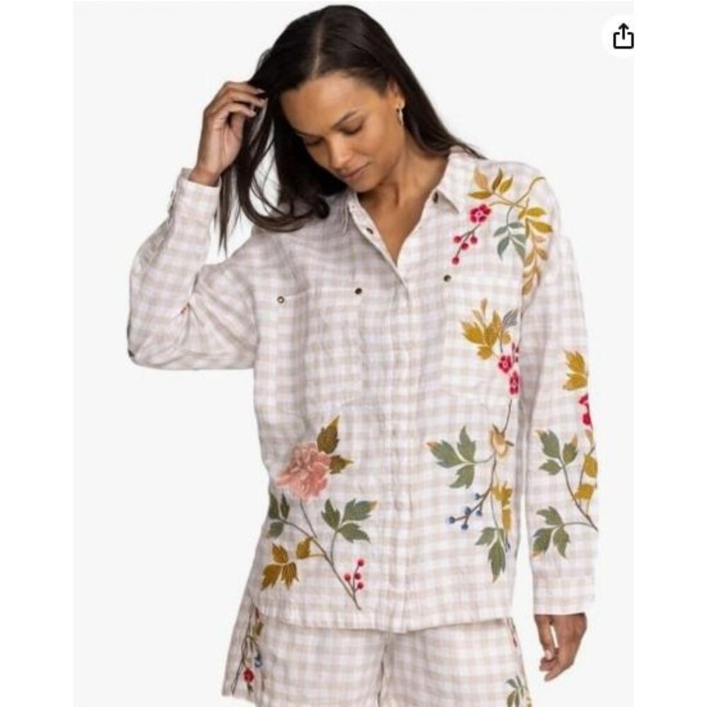 Johnny Was Adele Gingham Embroidery Floral Long Sleeve Shirt Size Medium